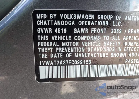 2015 Volkswagen Passat 1.8T Limited Edition из США, поврежденный, VIN 1VWAT7A37FC099126